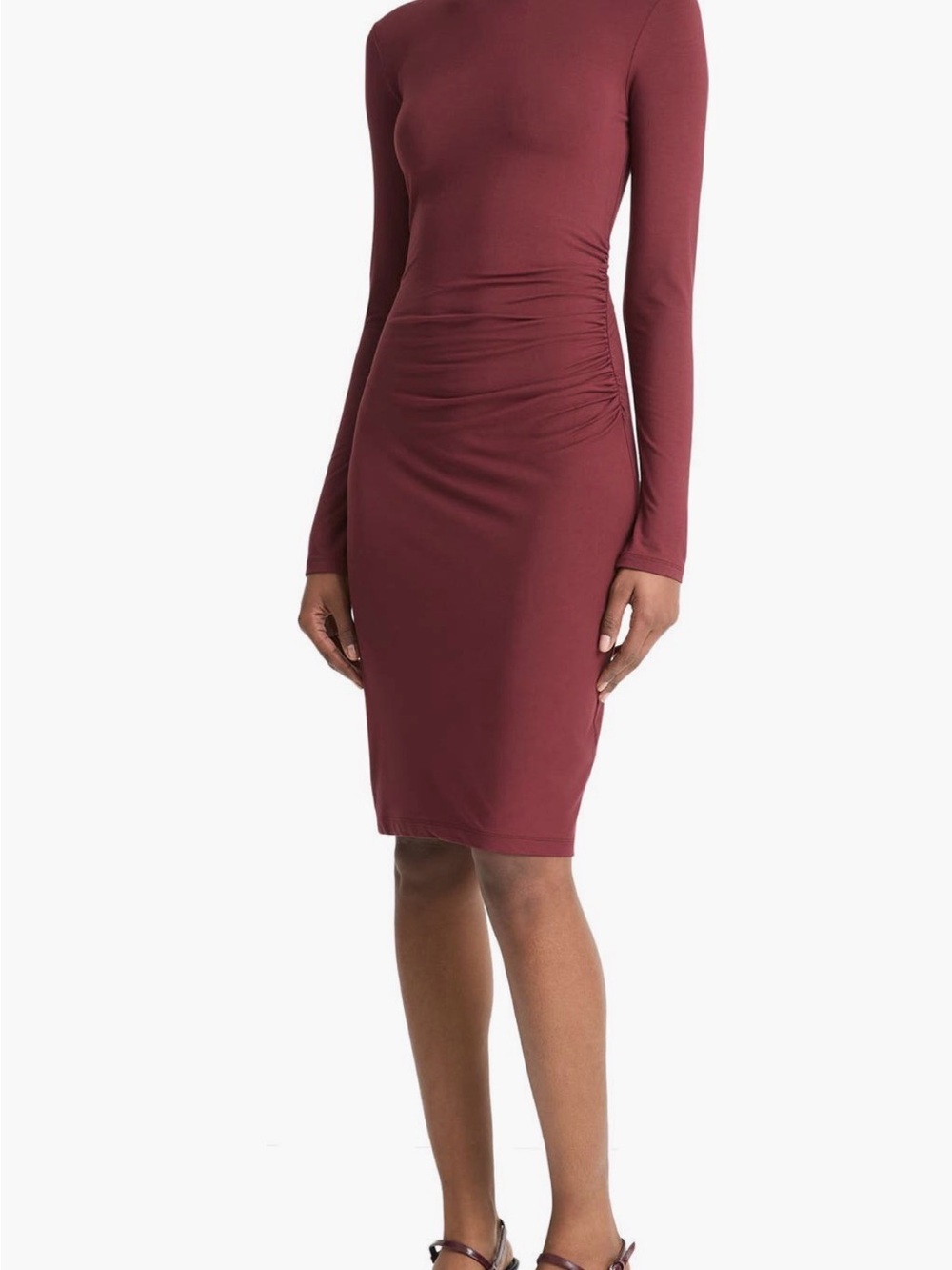 Vince Long-Sleeve Ruched Midi Dress in Burgundy